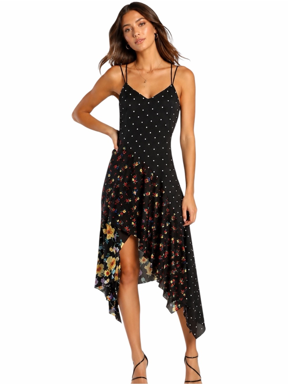 Aqua Slip Midi Dress Womens M Black Polka Dot Floral Asymmetrical Hem Excellent
